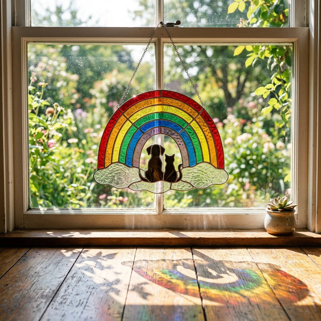 Rainbow Bridge Stained Glass Suncatcher – A Beam of Eternal Memory - Pawtuary