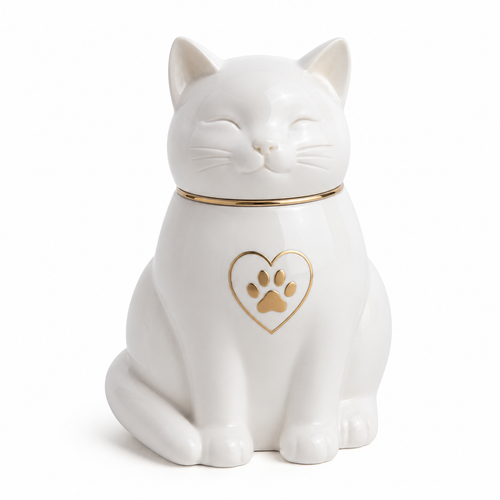 Ceramic Cat Cremation Urn – White Memorial Pet Urn - Pet Memorial Product
