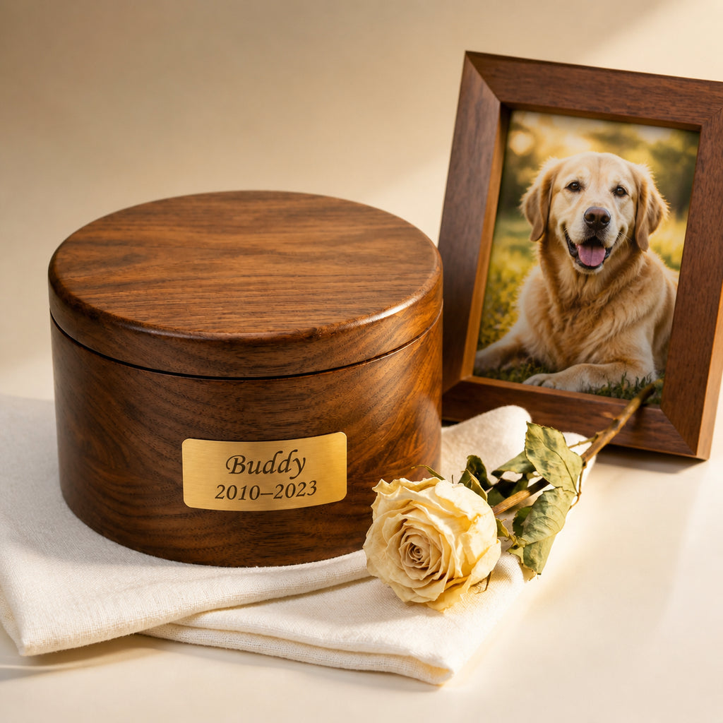 Personalized Wooden Pet Urn – Memorial Keepsake Box for Dog & Cat Ashes